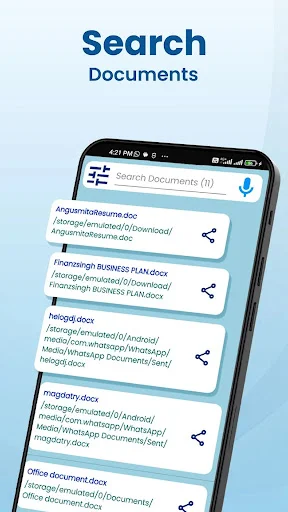 Search Documents interface showing multiple file results with paths and sharing options