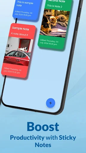 Sticky Notes feature with colorful note cards and images for productivity boost