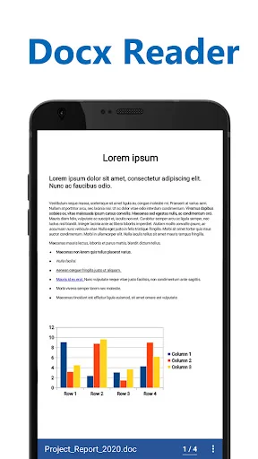 Mobile phone displaying Docx Reader document with formatted text, bullet points, and bar chart visualization