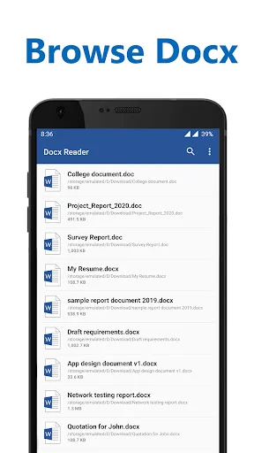 Docx Reader file browser displaying list of .docx documents with search bar for locating Word files