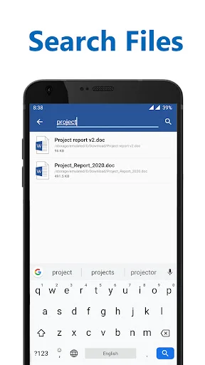 Document search interface filtering .docx files by keyword with results displayed below search bar