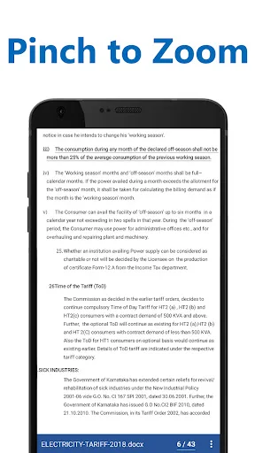 Document page with pinch-to-zoom feature allowing text magnification and readable font scaling