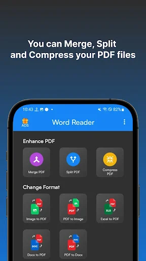 Word Reader app showing PDF tools interface with Merge, Split, Compress PDF and file conversion options like Image to PDF and Docx to PDF