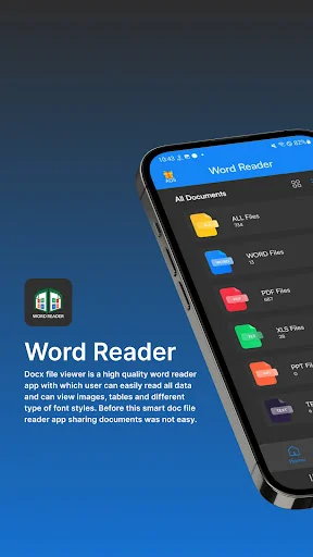 Word Reader app home screen displaying organized file categories including ALL Files, WORD Files, PDF Files, XLS Files, PPT Files and TEXT Files