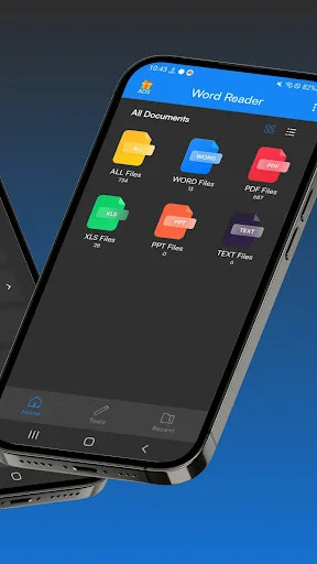 Word Reader all documents browser with file type folders showing count of Word documents, PDF files, Excel spreadsheets, PowerPoint presentations and text files