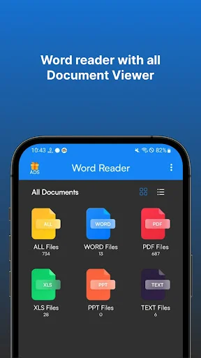 Word Reader document viewer interface with organized file categories for viewing and managing all document types including Word DOCX, PDF, XLS and text files