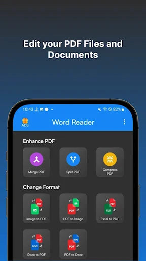 Word Reader PDF editor tools interface showing options to Merge, Split, Compress PDF files and convert between Image to PDF, PDF to Image, Excel to PDF and Docx to PDF formats