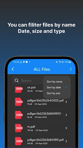 Word Reader file browser with search functionality and sort options to organize files by name, date and size with detailed file listing showing PDF documents