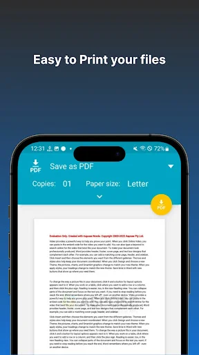 Word Reader print interface with Save as PDF dialog displaying copy count options, paper size selection set to Letter and document preview for printing