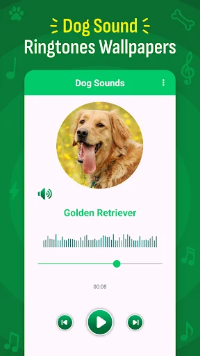 Dog Sound Ringtones app showing Golden Retriever bark sound player with waveform, progress bar, and playback controls