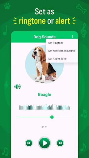 Dog Sound player showing Beagle with dropdown menu to set ringtone, notification sound, or alarm tone options