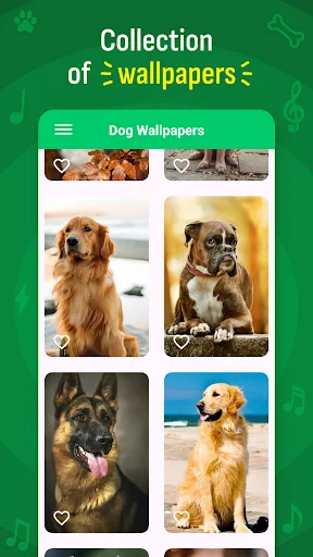 Dog Wallpapers collection showing grid layout of beautiful dog breed photos for phone personalization and lock screen