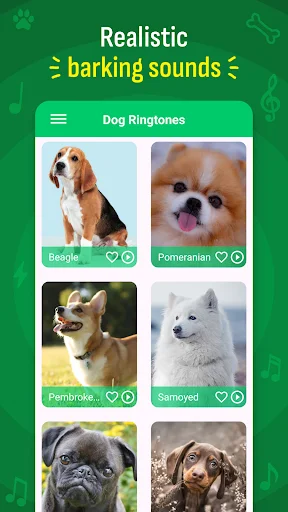 Realistic Barking Sounds ringtone collection featuring various dog breeds: Beagle, Pomeranian, Samoyed, Pug with favorite options