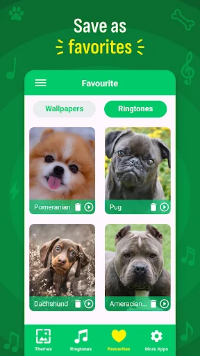 Favorites section with Wallpapers and Ringtones tabs showing saved dog sounds and wallpapers with selection checkboxes
