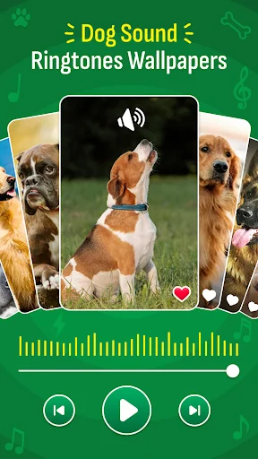 Dog Sound player interface with brown dog image, heart favorite button, waveform, progress slider, and play controls