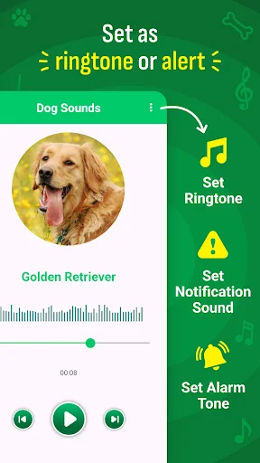 Golden Retriever dog sound player with side menu showing set ringtone, notification sound, and alarm tone customization options