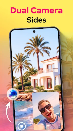 Dual Camera Sides app demonstrating simultaneous front and back camera recording in split-screen view with beach scenes