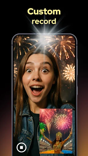 Custom record feature with dual camera video overlays and effects customization for creative videos