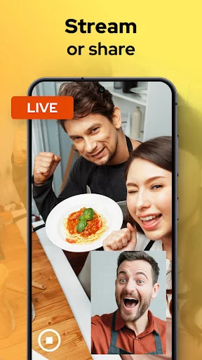 Stream or share dual camera live video with split-screen broadcasting and social sharing options