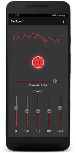 Ear Agent hearing aid amplifier active: red power button ON, audio waveform, volume control, five-band equalizer adjustment