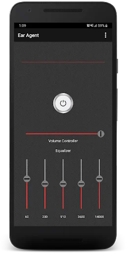 Ear Agent hearing aid app with power OFF, volume slider, and five-band frequency equalizer for audio amplification settings