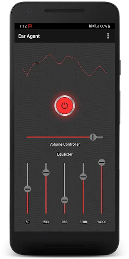 Ear Agent hearing aid with power ON, custom five-band equalizer settings, and active sound amplification adjustment interface