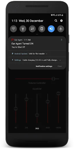 Ear Agent hearing aid notifications: app activated, Bluetooth USB settings, volume control, and equalizer presets interface