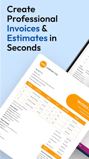 Estimate Invoice Maker app showing professional invoice and estimate documents with orange and purple design accents