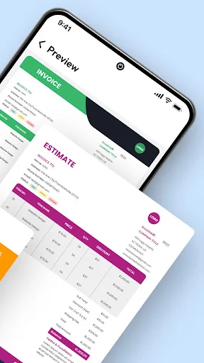 Mobile app preview showing invoice and estimate document layouts with color-coded headers for document identification