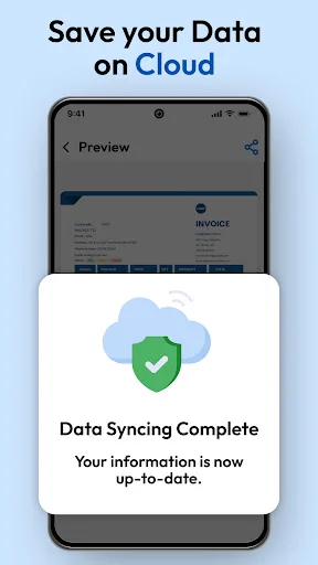 Invoice document preview with action menu offering Send via email, Download as PDF, and Print options for sharing