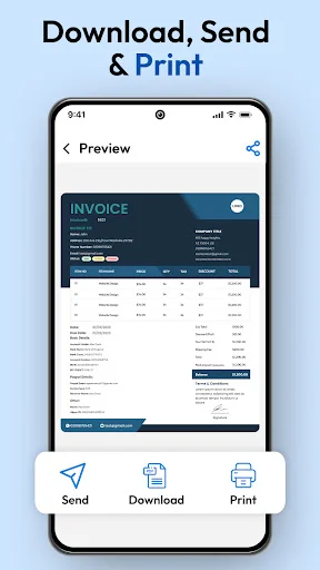 Invoice sharing options showing Send, Download, and Print buttons for distributing professional invoices and estimates