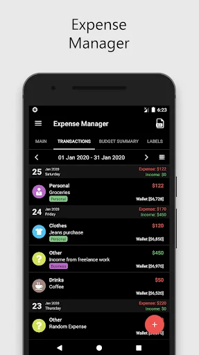 Expense Manager main dashboard showing transaction list from Jan 2020 with expense categories, amounts, and wallet balances displayed in list format