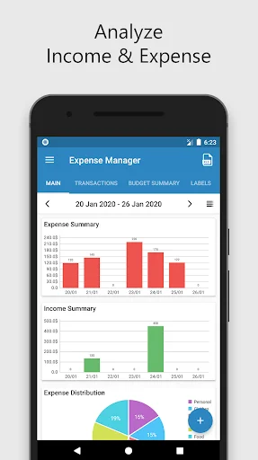 Expense Manager analytics dashboard displaying expense and income bar charts, expense distribution pie chart, and date range summary for budget analysis