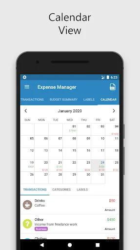 Expense Manager calendar view showing January 2025 with transaction entries, amounts, and categories linked to specific dates for easy expense tracking
