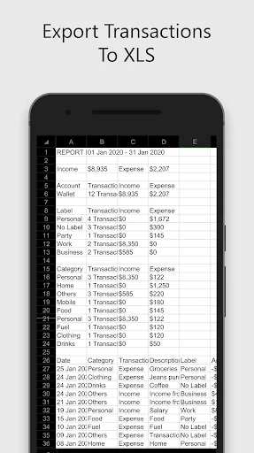 Expense Manager spreadsheet export showing transactions in XLS format with columns for date, category, transaction type, description, and labels