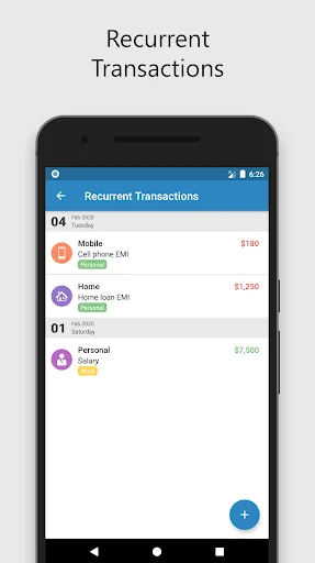 Recurrent transactions list displaying recurring expenses for Mobile, Home, and Personal with payment dates and amounts for automatic tracking