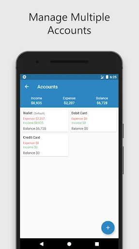 Accounts management screen displaying multiple accounts including Wallet, Debit Card, and Credit Card with income, expense, and balance information