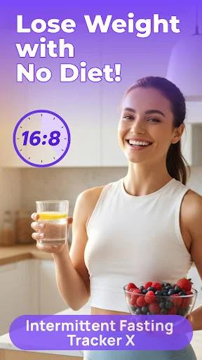 Intermittent Fasting Tracker X home screen with woman, water glass, berries, and 16:8 fasting timer icon