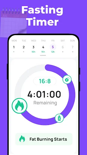 Fasting timer displaying 16:8 protocol, 4:01 countdown remaining, weekly schedule, fat burning progress tracker