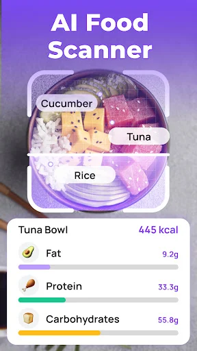 AI food scanner identifying tuna bowl with cucumber and rice, displaying 445 calories and macro nutrients breakdown