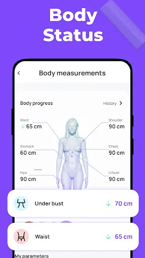 Body measurements tracker showing waist, chest, shoulder, hip measurements with body silhouette visualization