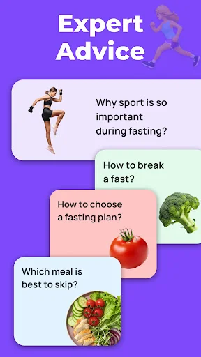 Expert advice cards with fasting tips: exercise importance, breaking fast methods, plan selection, meal timing
