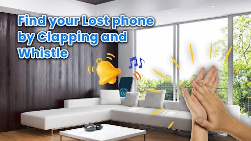 Living room demonstration of clapping and whistling to locate lost phone with yellow alarm notification visual indicators