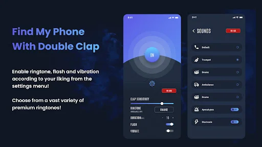 App settings menu interface displaying customizable sounds, ringtones, flash, and vibration alert options for lost phone detection
