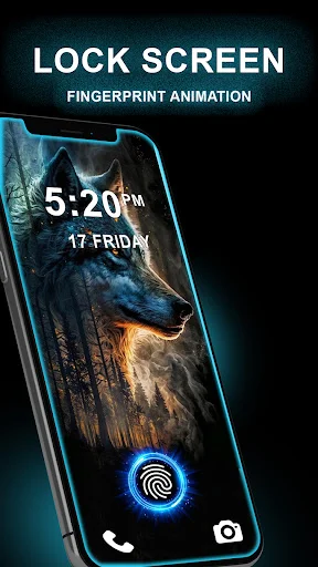 Lock screen featuring blue 3D glowing fingerprint scanner animation with time and date display
