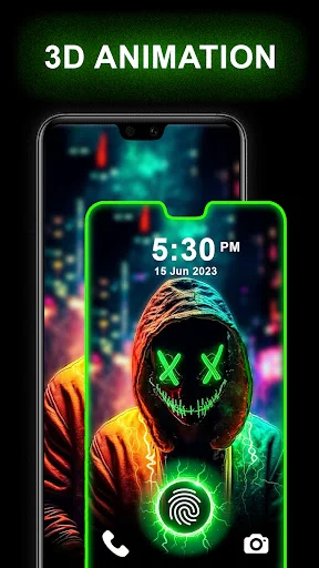 3D animated neon lock screen with glowing character design and fingerprint scanner widget
