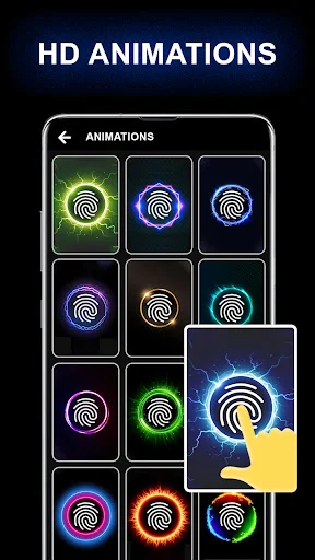 HD fingerprint animations gallery showing colorful neon effect designs in grid layout