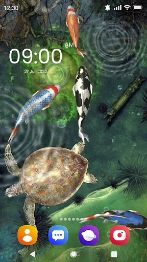 Fish Live Wallpaper 3D lock screen displaying green aquarium theme with animated koi, betta fish, and sea turtle with interactive water ripples and app shortcuts