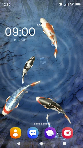 Fish Live Wallpaper 3D personalization app showing blue aquatic theme with realistic swimming koi and colorful fish in interactive 3D pond environment