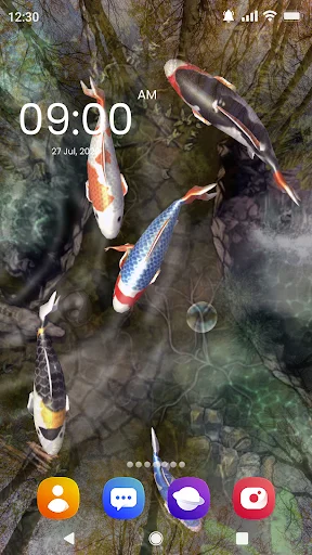 Fish Live Wallpaper 3D wallpaper preview displaying dark green underwater scene with multiple fish species, interactive elements, and aquatic background